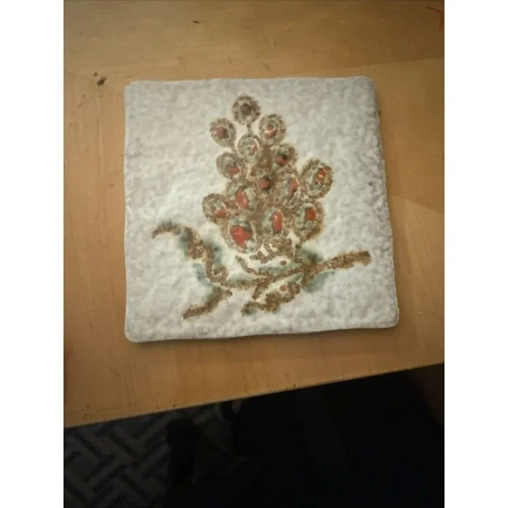 Semigres Italian Tile Trivet 5 3/4 Grapes Branches Gold Green Vintage